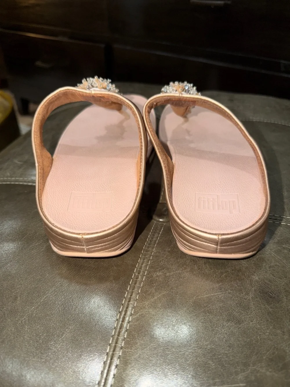 FitFlop Rose Gold Jeweled T-Bar Sandals - Picture 2 of 7